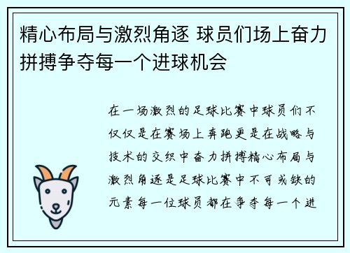 精心布局与激烈角逐 球员们场上奋力拼搏争夺每一个进球机会